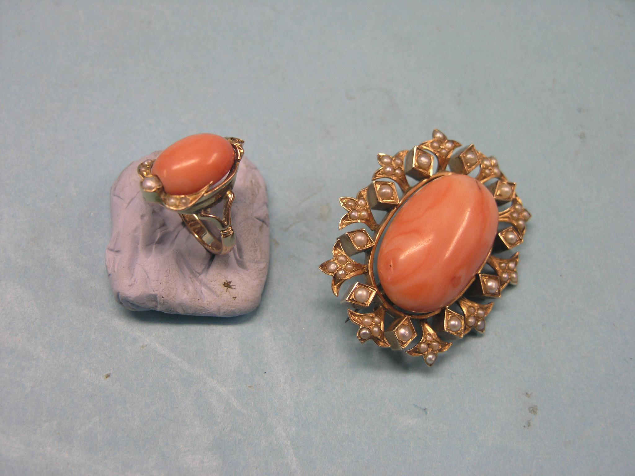 Appraisal: A coral brooch and ring large stones set within yellow