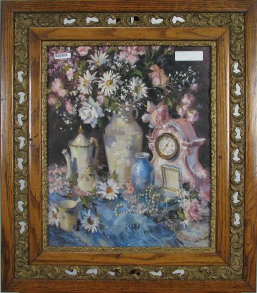 Appraisal: Vintage color lithograph in antique oak frame depicting china clock