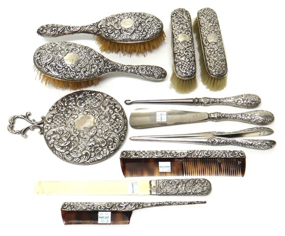 Appraisal: A late Victorian silver mounted eleven piece dressing set comprising