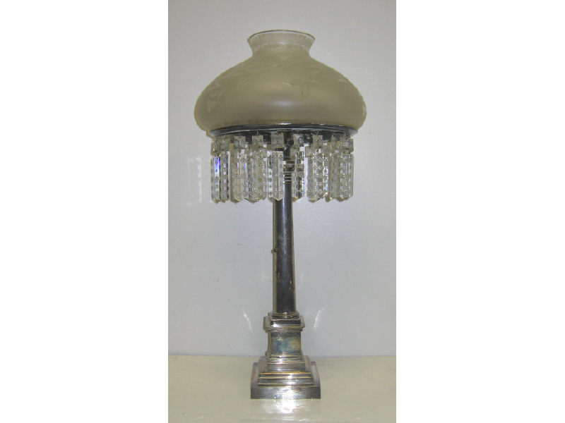 Appraisal: SILVER ON COPPER CANDLESTICK-LAMP Columnar with mounted reservoir on top