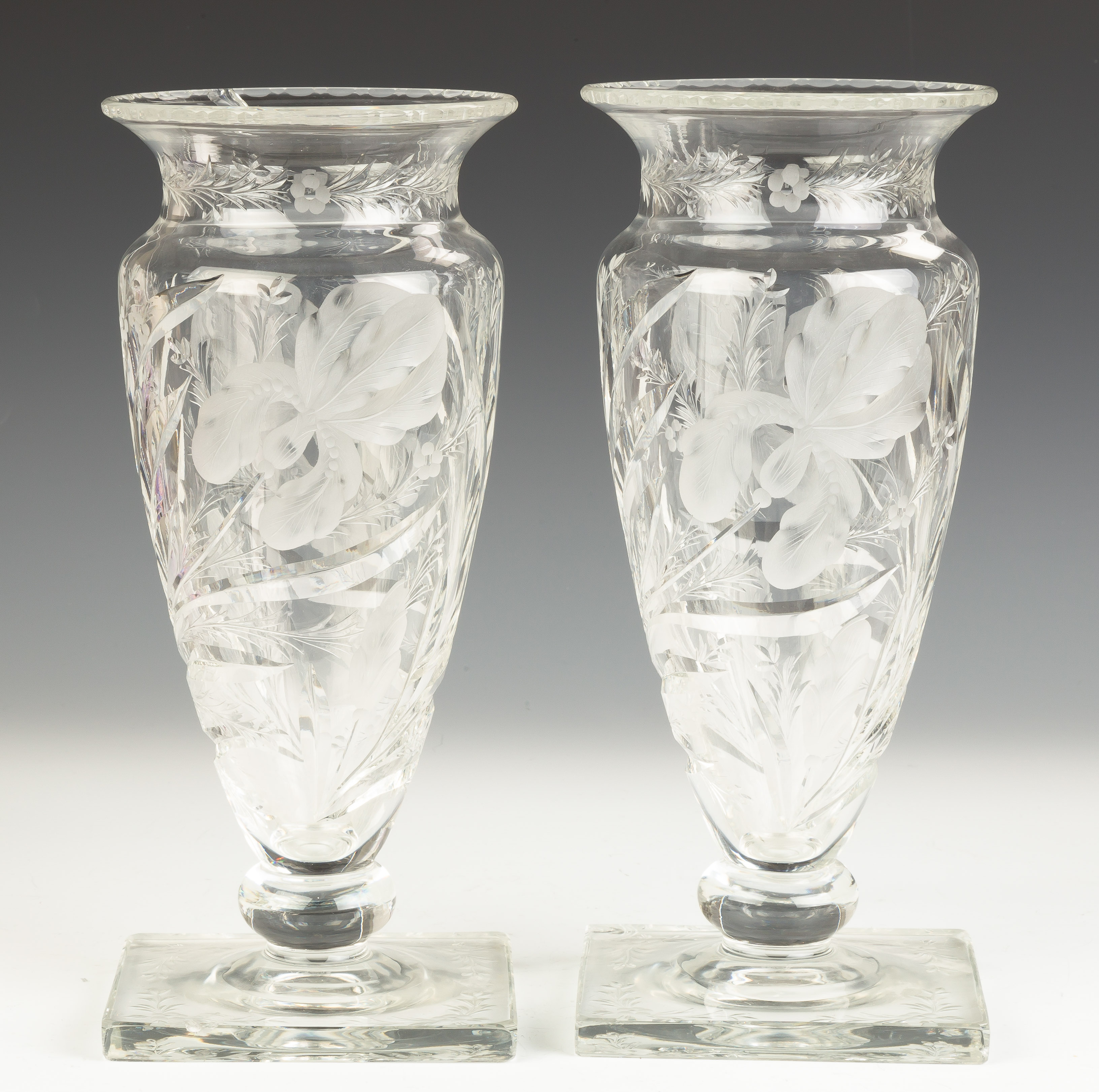 Appraisal: Pair of Hawkes Cut Glass Vases with Irises Early th