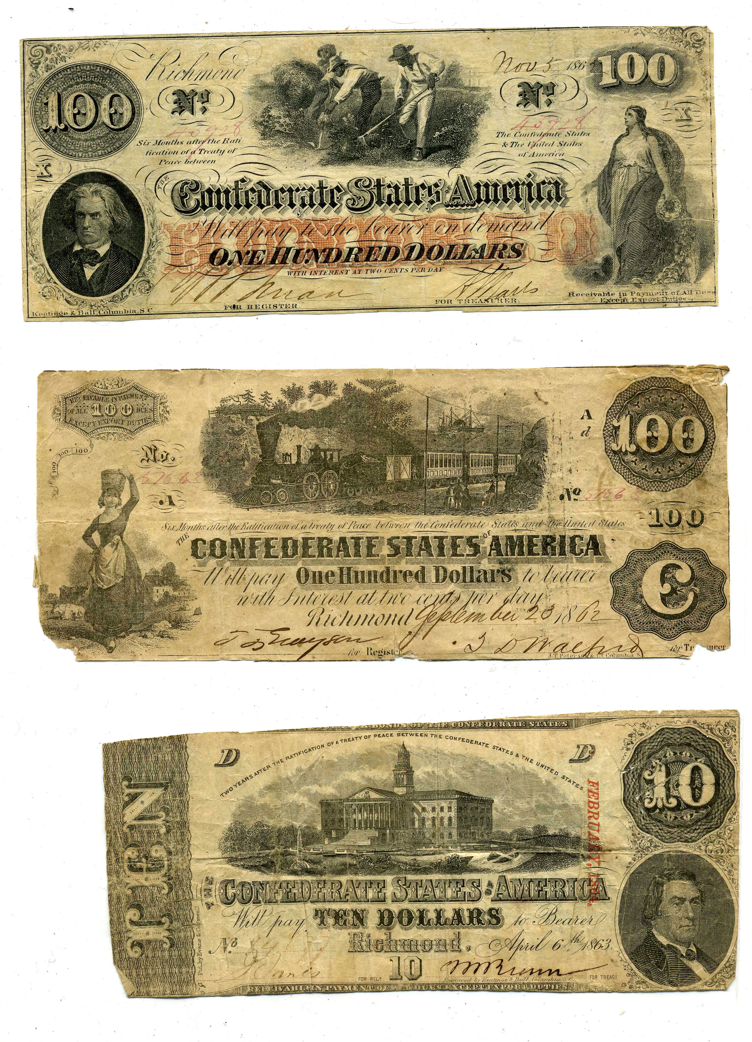 Appraisal: Lot American th-Century Paper Currency Confederate Notes State of South