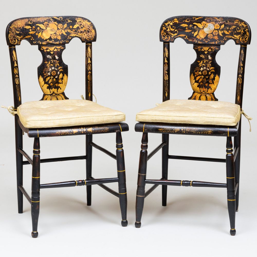 Appraisal: Pair of American Painted and Caned Side Chairs Fitted with