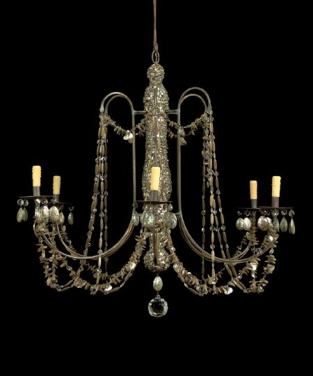 Appraisal: Graceful Italian Wrought-Iron Abalone and Crystal Six-Light Chandelier of large