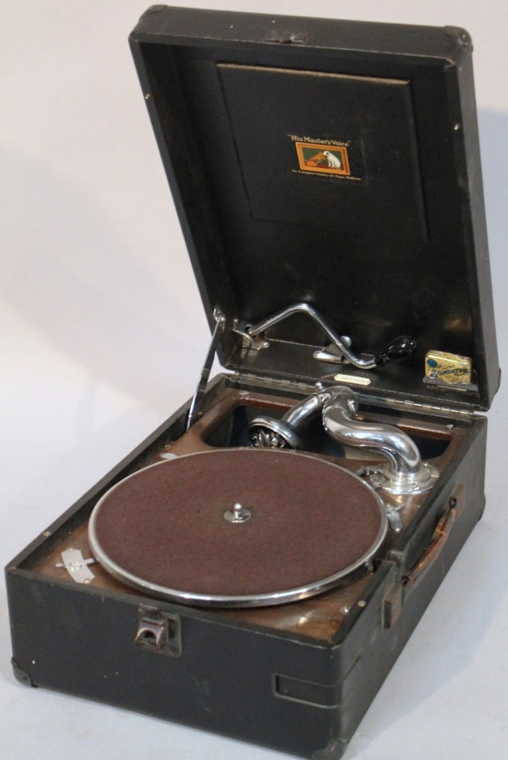 Appraisal: A thC HMV table top gramophone with velvet top chrome