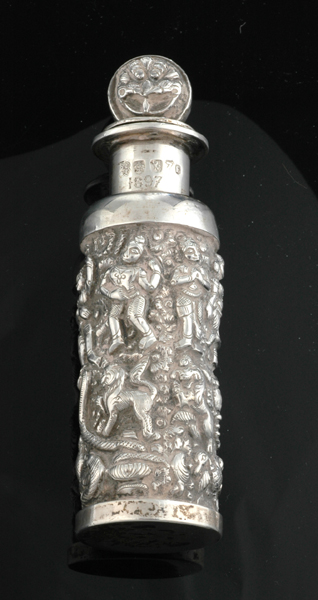 Appraisal: A sterling silver scent bottle Decorated with raised Indian figures