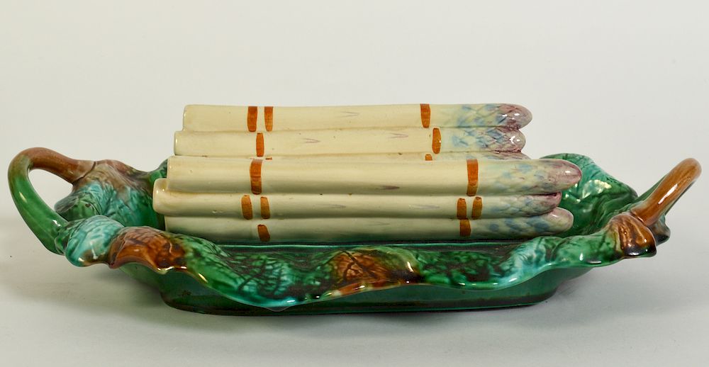 Appraisal: French Majolica Asparagus Server French Majolica twin handled tray base