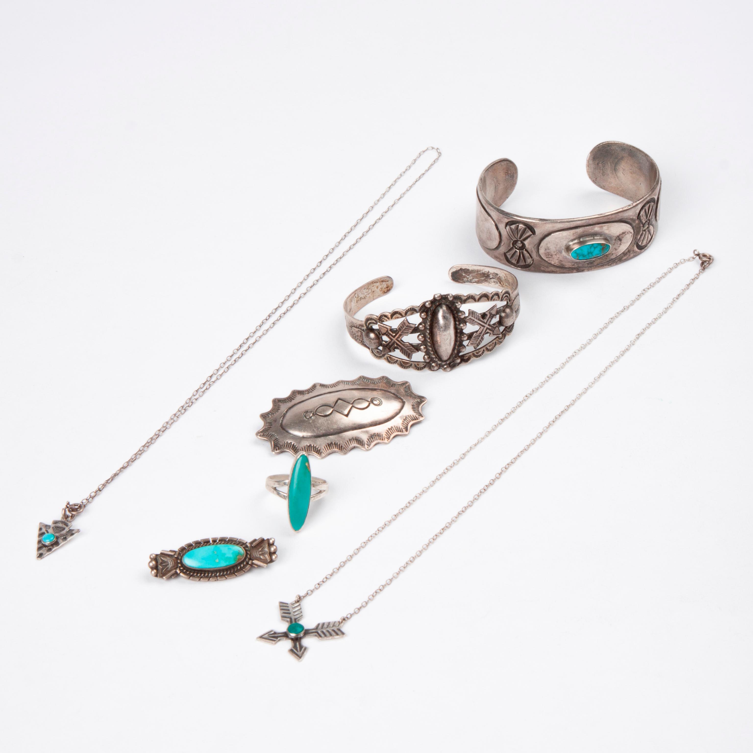 Appraisal: GROUP OF NAVAJO SILVER TURQUOISE JEWELRY PIECES A group of