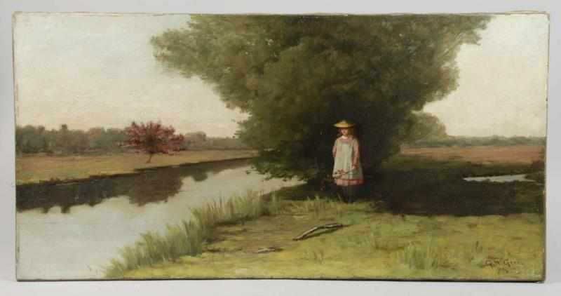 Appraisal: Early Woman Near Creek Oil Painting Description Marked G W