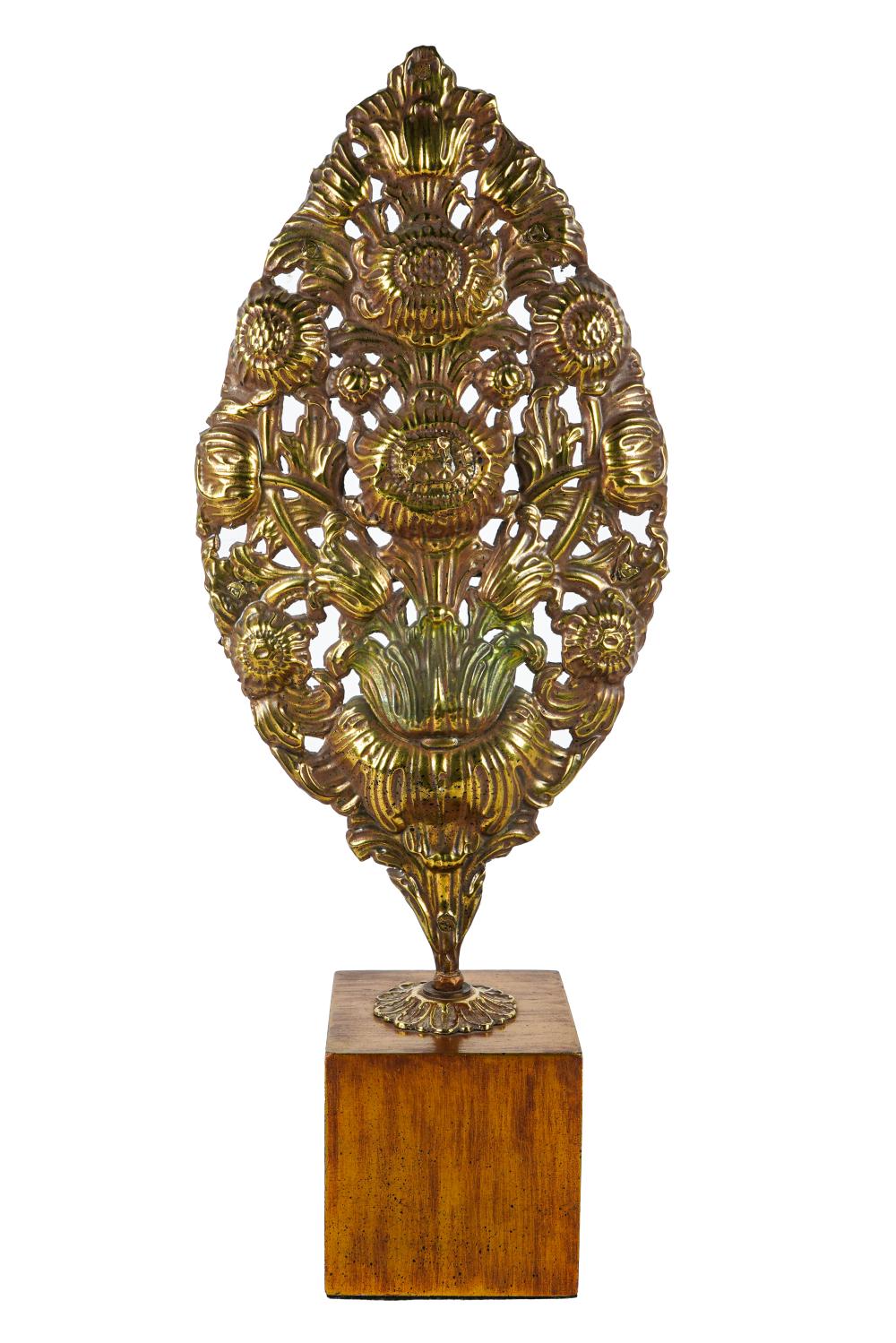 Appraisal: DUTCH REPOUSSE BRASS PANELmounted to a gilt wood cube-form base