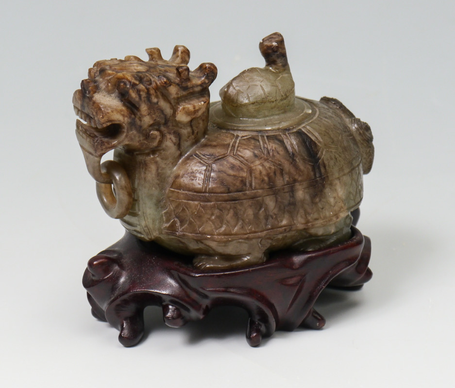 Appraisal: CHINESE CARVED STONE DRAGON CENSOR Lid with figural turtle figural