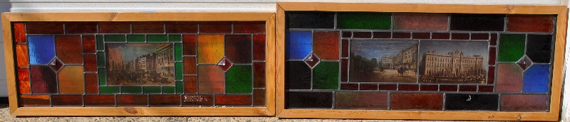 Appraisal: - Two framed leaded glass panels the larger with two