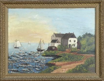 Appraisal: American School Coastal Scene Oil on academy board framed x