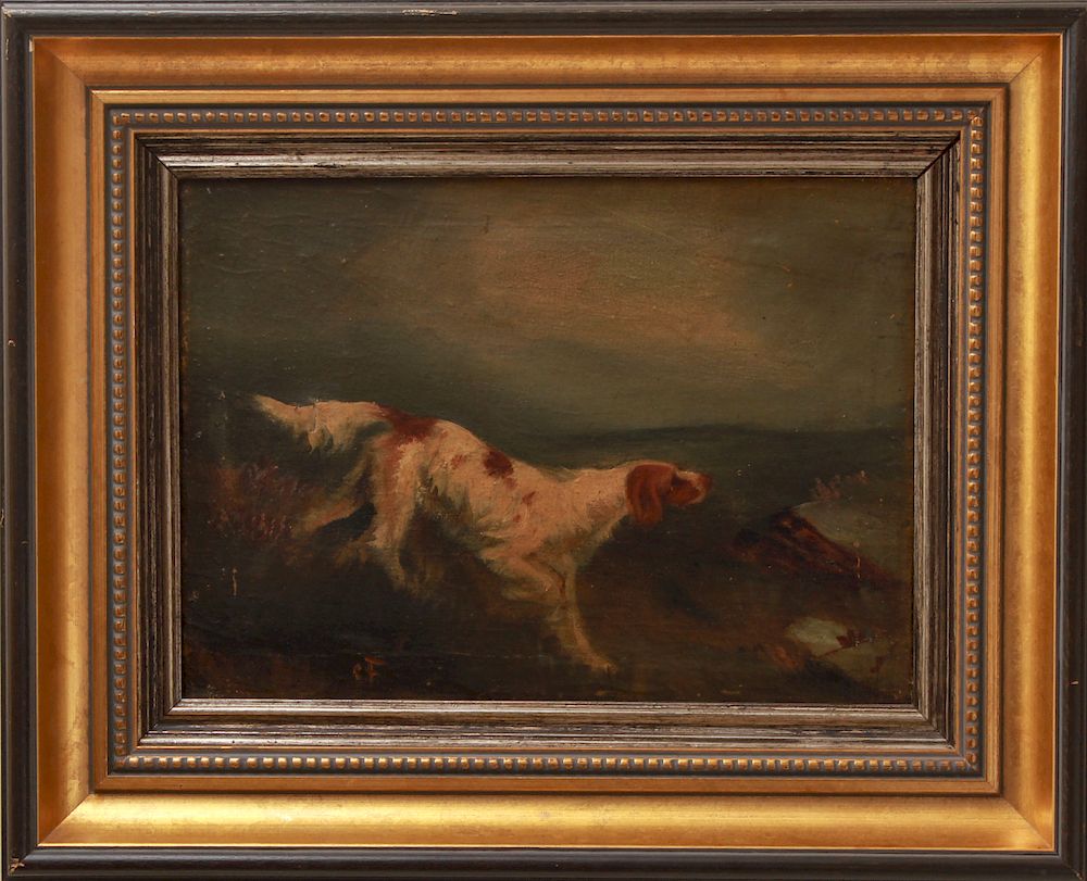 Appraisal: CF Monogrammed Running Dog Oil on Canvas American school oil