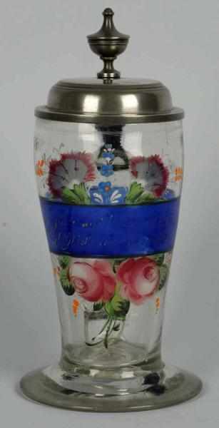 Appraisal: Early Hand Blown Tankard Stein with Pewter Lid Circa Floral