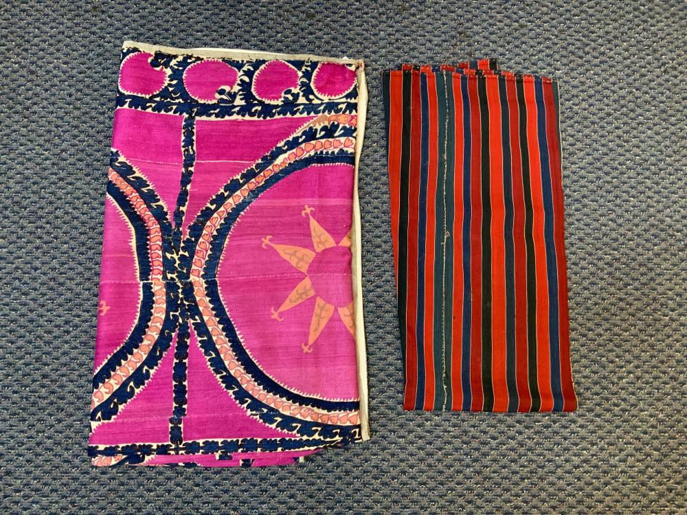 Appraisal: TWO TEXTILES INDIGO AND COCHINEAL EMBROIDERED COVERLET AND GHAJARI KILIM