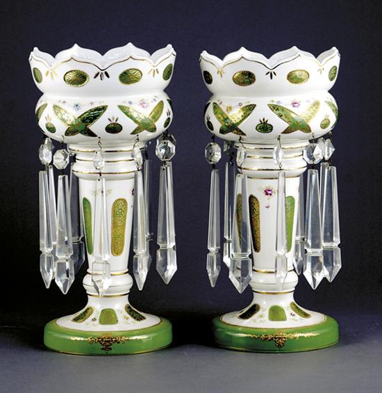 Appraisal: Pair glass lusters late th centurymilk glass with green and