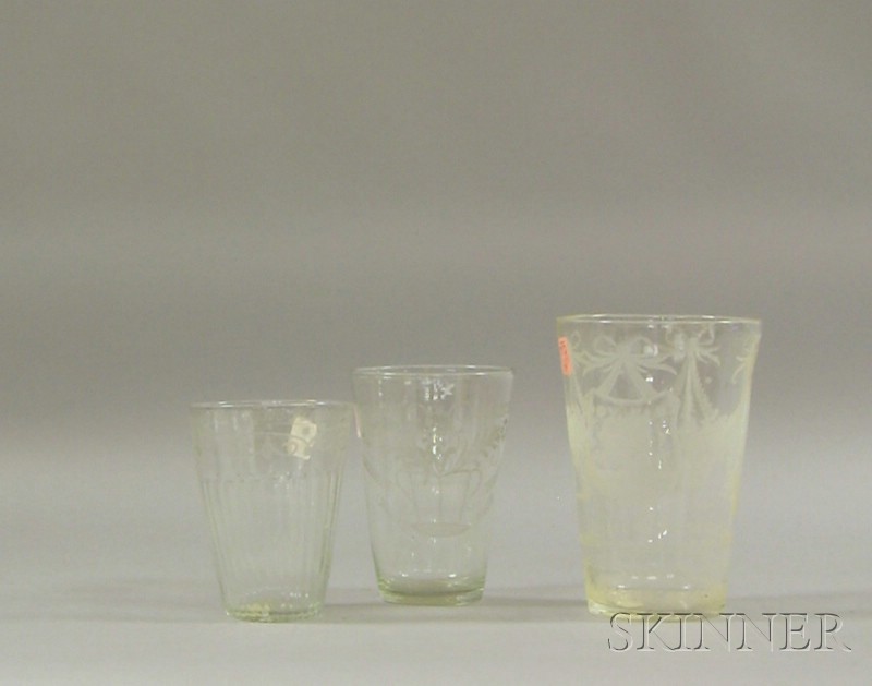 Appraisal: Three Colorless Etched Blown Molded Flip Glasses with broken pontils