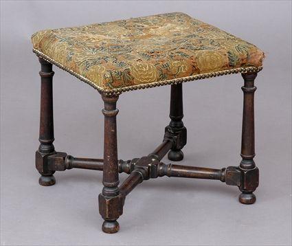 Appraisal: BAROQUE-STYLE CARVED OAK STOOL WITH NEEDLEWORK SEAT The floral seat