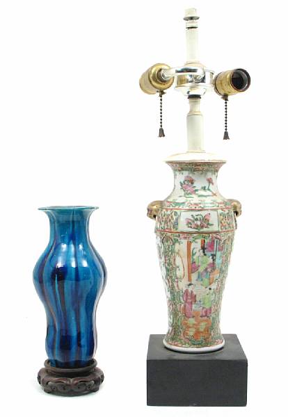 Appraisal: Two Canton porcelain table lamps and a blue glazed vase