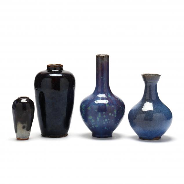 Appraisal: FOUR BLUE GLAZED POTTERY VASES INCLUDING VERNON OWENS SEAGROVE NC