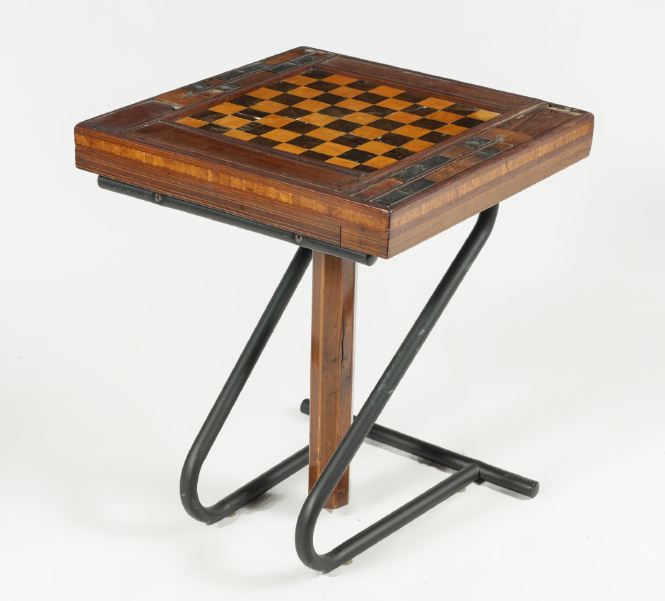 Appraisal: PARQUETRY INLAID GAME TABLE Mixed wood parquetry inlay with double