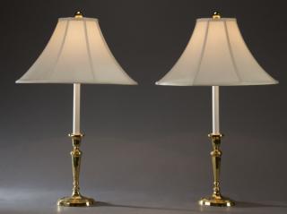 Appraisal: Brass candlestick table lamps with linen shades Pair of brass