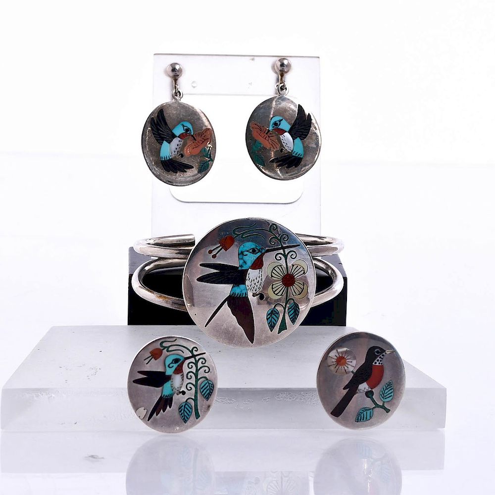 Appraisal: RNL MULTI-STONE BIRD INLAY CUFF EARRINGS AND RINGS SET Native