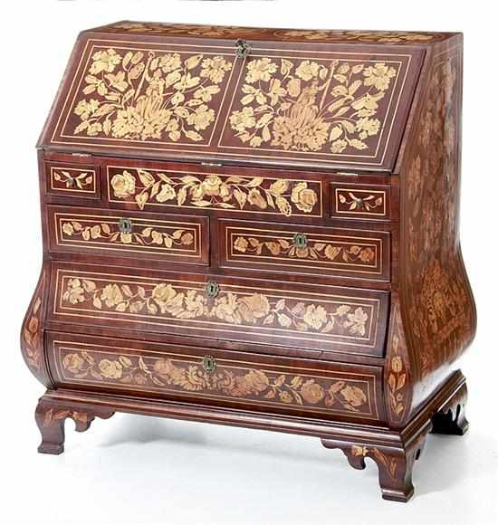 Appraisal: Dutch Rococo style walnut marquetry inlaid slant-front bombe desk th