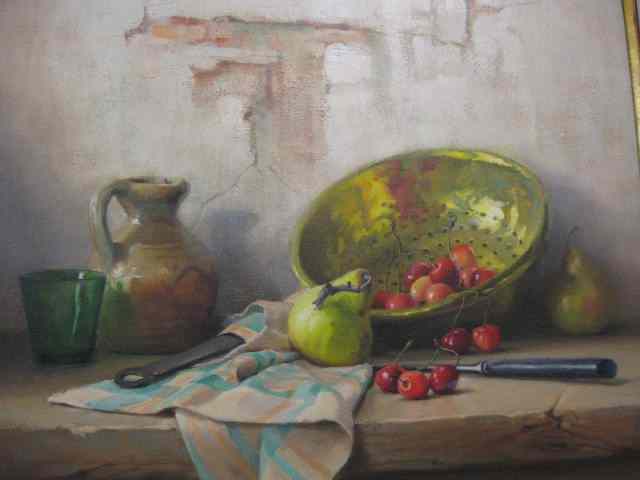 Appraisal: Robert Chailloux Oil still life with colander cherries pears and