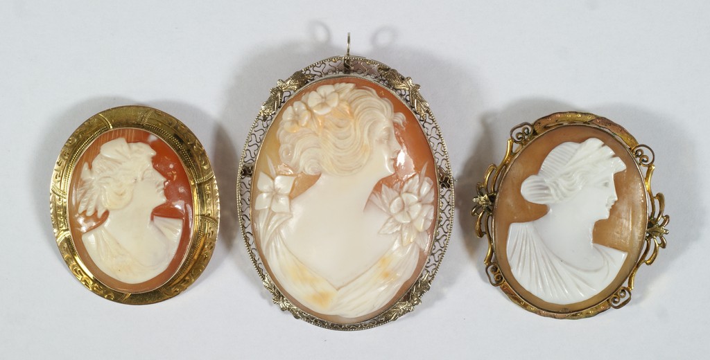 Appraisal: carved shell portrait cameo pins K WG h K YG