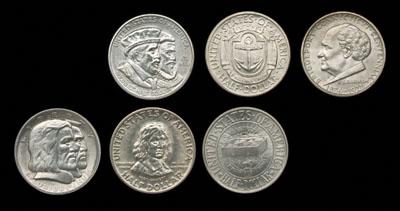 Appraisal: Six BU U S commemorative silver half dollars Huguenot MS-