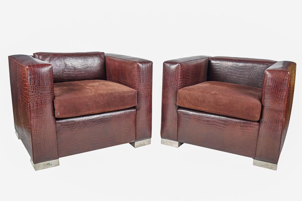 Appraisal: PAIR OF EMBOSSED BROWN LEATHER CLUB CHAIRSno label each with