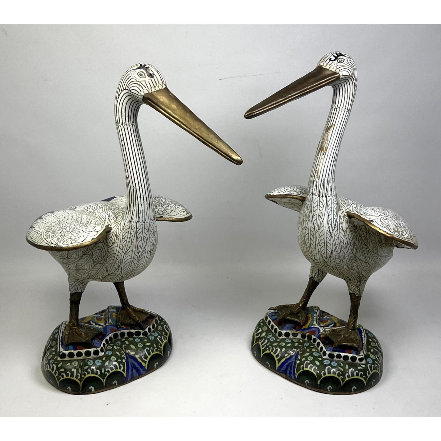 Appraisal: Pr Cloisonne Enamel Brass Egrets Birds Asian Chinese style Colorful