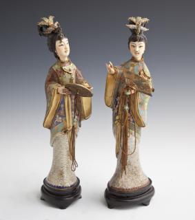 Appraisal: Pair of Oriental Cloisonne Figures of Women c Pair of