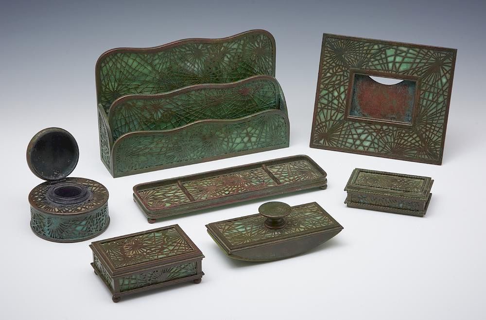 Appraisal: Tiffany Studios NY bronze pine needle desk set pcs Tiffany