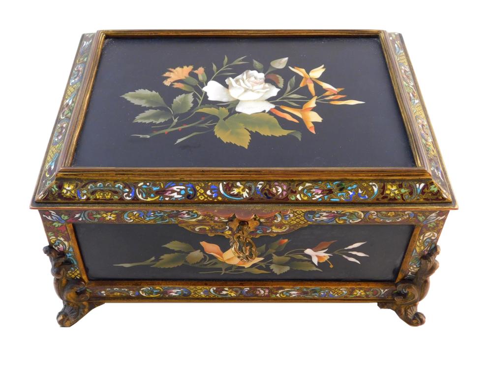 Appraisal: Pietra dura bronze and enamel hinged lid box Continental th