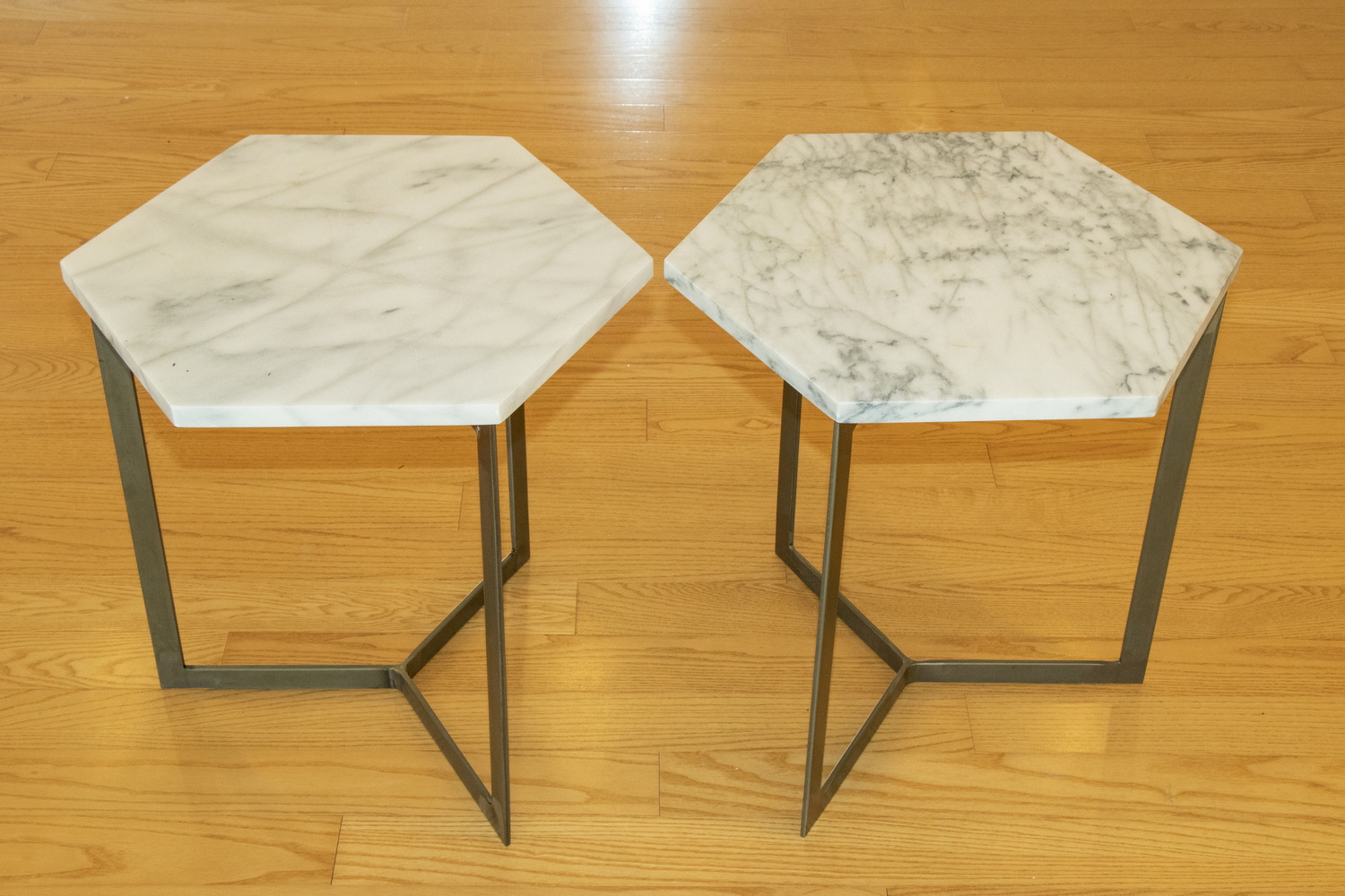 Appraisal: PR OF HEXAGONAL MARBLE TOP SIDE TABLES Two hexagonal marble