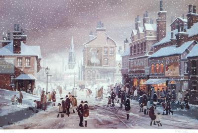 Appraisal: BRIAN SHIELDS BRAAQ Snow Scene Town Centre reproduction in colours