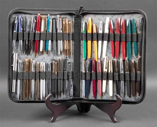 Appraisal: Fifty-five assorted ballpoint pens in folding cloth-carrying case Estimate -