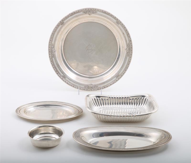 Appraisal: GROUP OF FIVE SILVER ARTICLES Comprising a Wallace in monogrammed