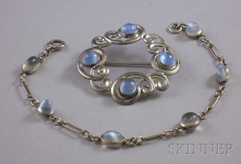 Appraisal: Sterling Silver and Moonstone Bracelet and Brooch the bracelet lg