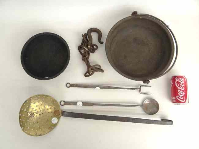 Appraisal: Misc lot including early iron pans chain strainer spoon and