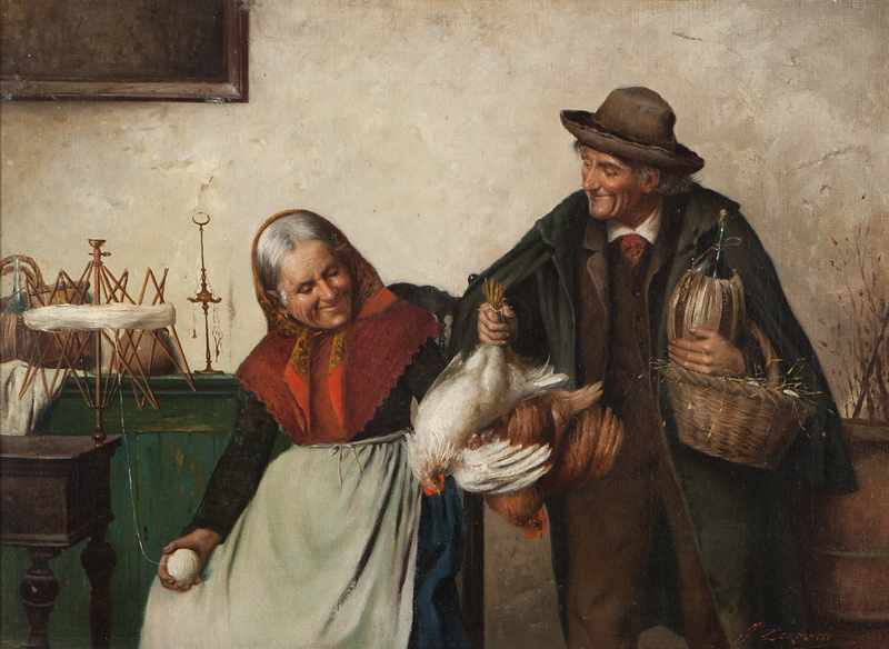 Appraisal: 'Darby and Joan'' couple in an interior with market provisions