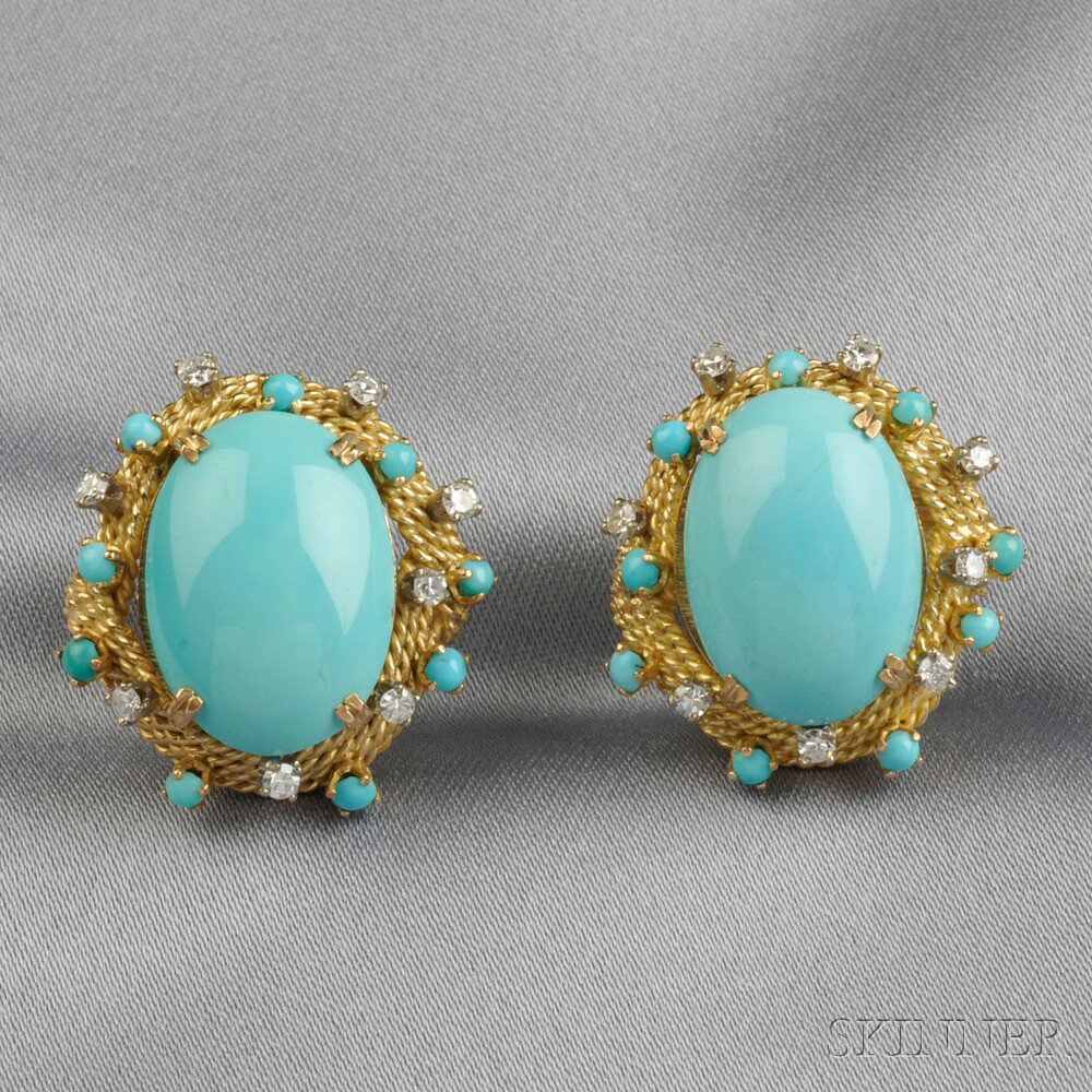 Appraisal: kt Gold Turquoise and Diamond Earclips each centering an oval