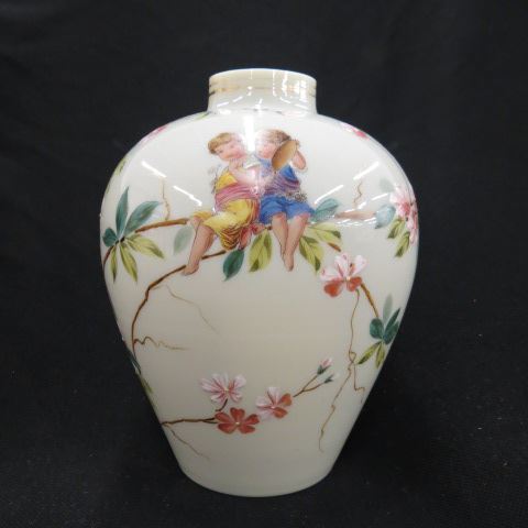 Appraisal: Victorian Enameled Art Glass Vase children sitting on branch