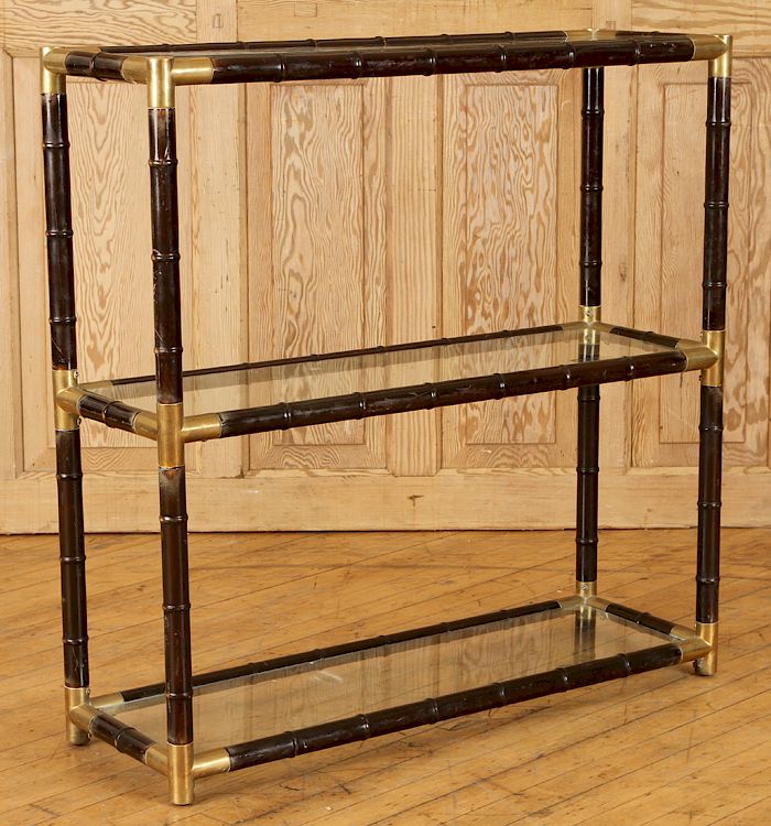 Appraisal: FAUX BAMBOO BRASS ETEGERE GLASS SHELVES C A faux bamboo