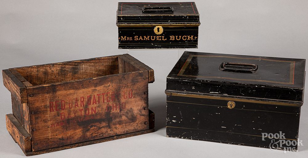 Appraisal: Two tin boxes Two tin boxes one inscribed Mrs Samuel