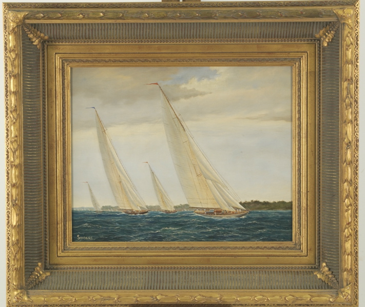 Appraisal: FRAMED PAINTING ContemporaryYachts racing off a coast Signed lower left