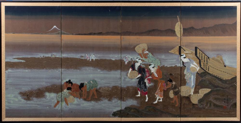 Appraisal: JAPANESE FOUR-PANEL SCREEN HOKUSAI HITSU SHIOGARI BY CHINPEI DRAWN BY